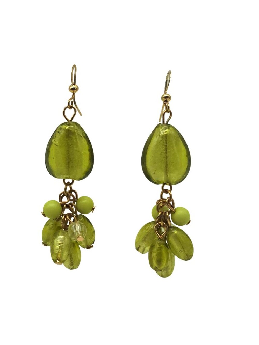 Green Glass Beaded Cluster Dangle Earrings Gold Tone Hooks Lightweight Boho